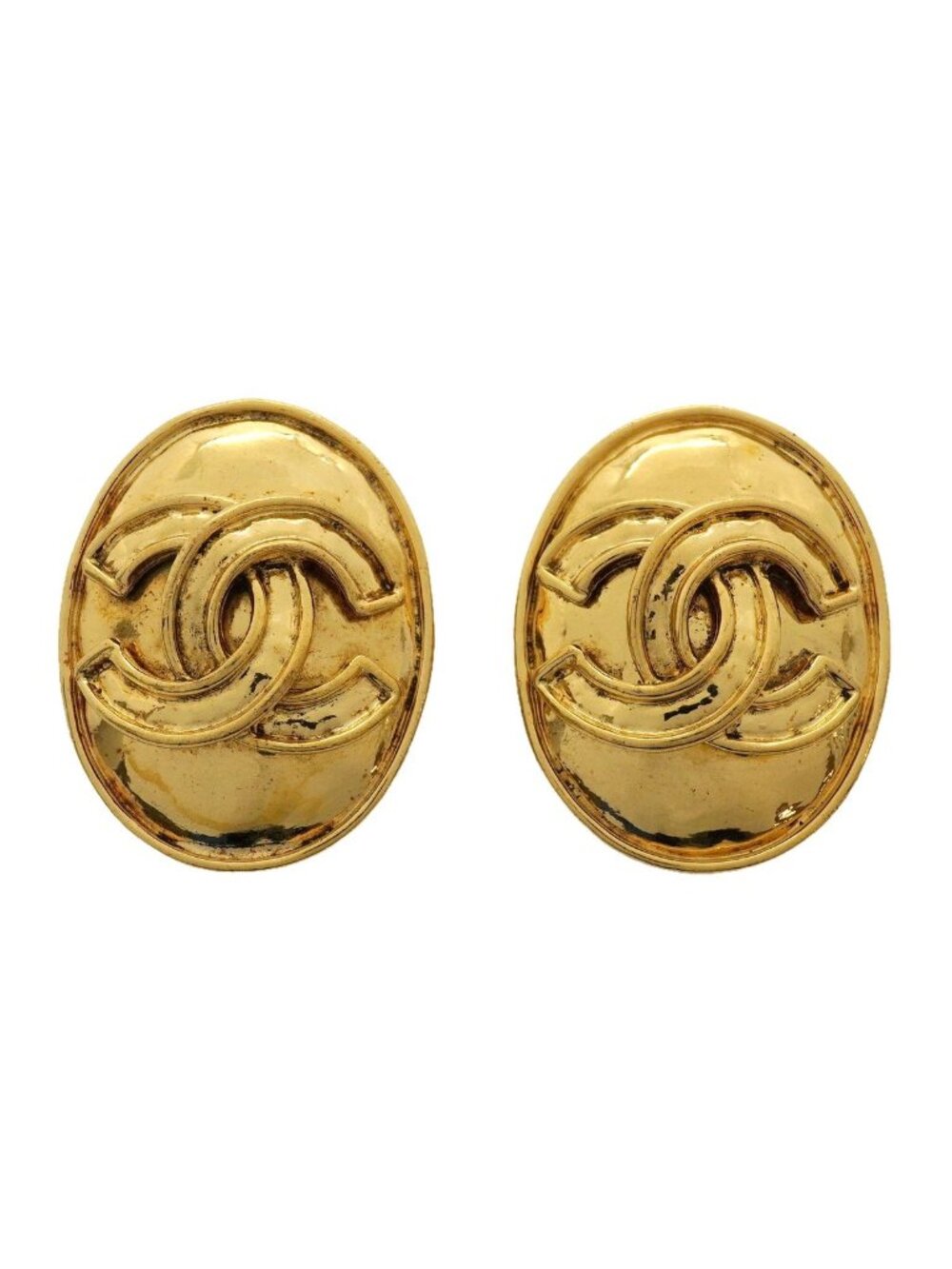 Chanel Earrings Vintage CC Logo Oval Gold Plated